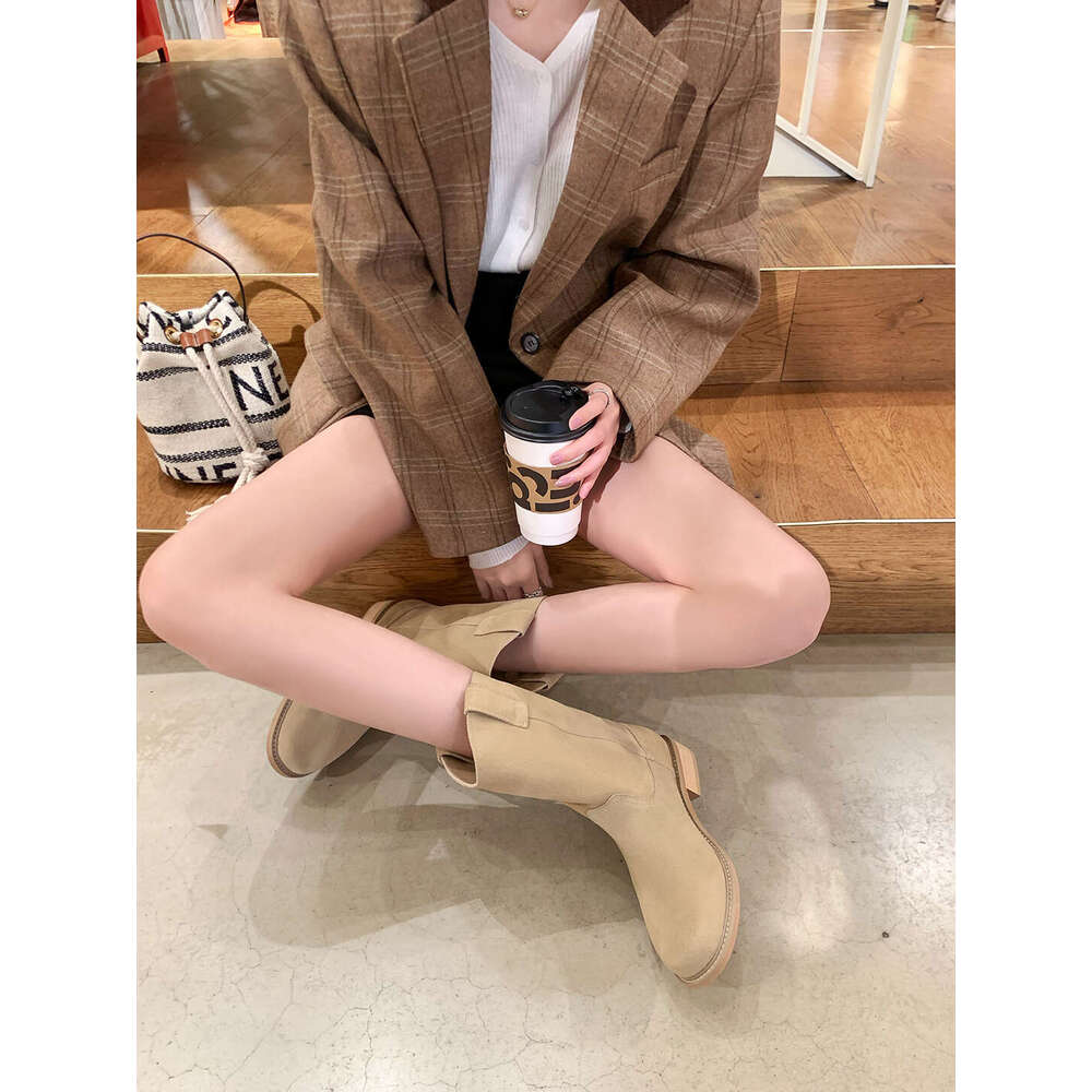 Su Yinyin Style Round Toe Chunky Heel Western Cowboy for Autumn Winter Fleece Lined Mid-Calf Short Women Boots