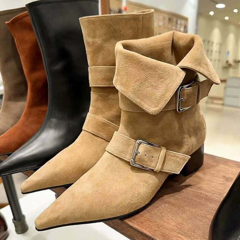 Korean Style Niche Two-Way Pointed Toe Western Cowboy Belt Buckle Chunky Heel Suede Mid-Calf Slim Short Boots for Women Autumn Winter