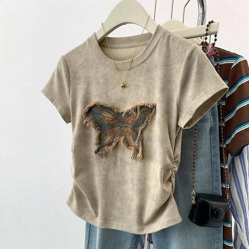 Butterfly Women T Shirt Korean Crop Top Summer Short Sleeve Tees Tshirts Femme Slim Drawstring Y2K Ladies Appliques Clothing 250517