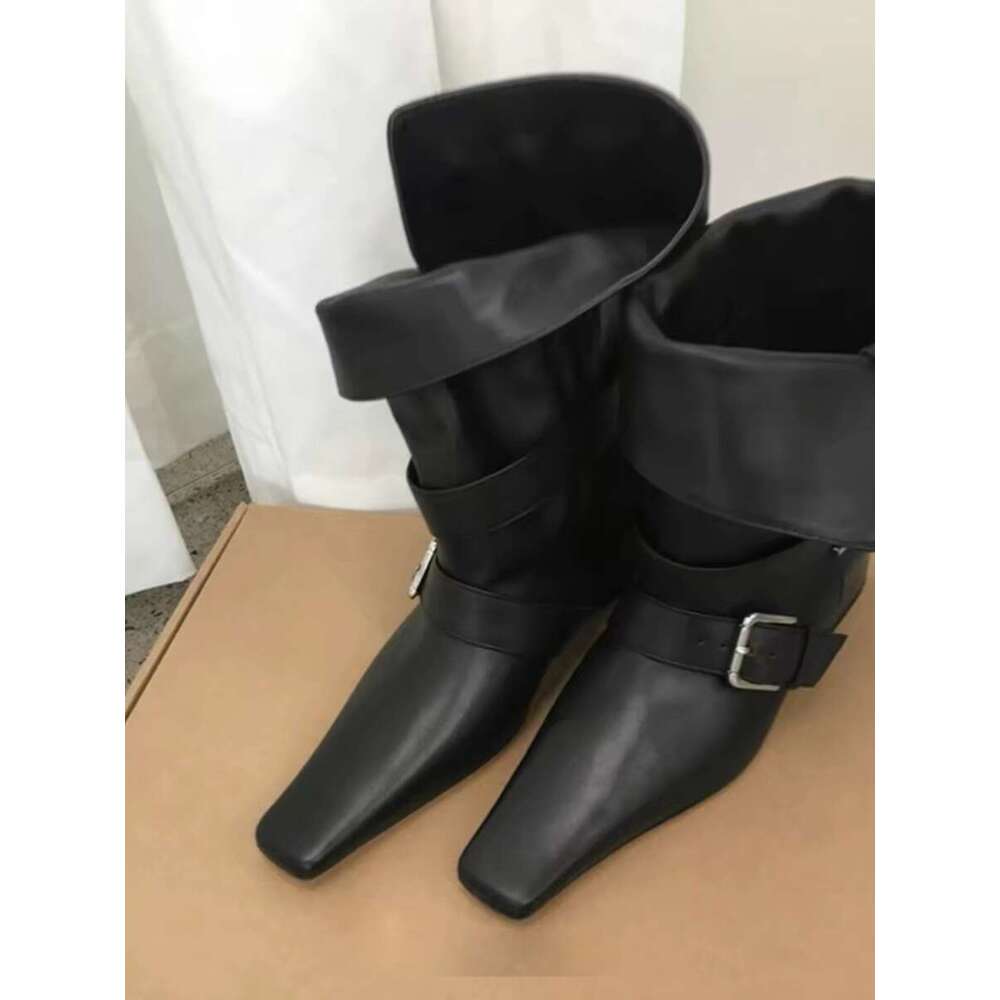 Korean Style Niche Design Turn-down Collar Two-way Small Square Toe Martin for Women 2024 Chunky Heel Chelsea Slim Short Boots