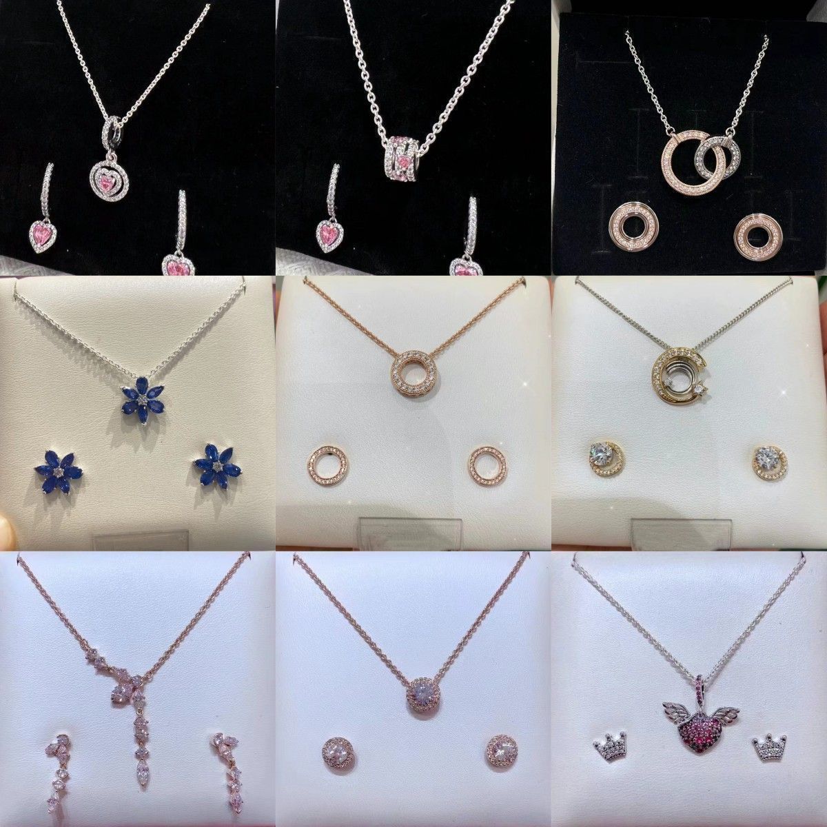 Panduo S925 Silver Shining Light Surround Heart Clavicle Necklace Ins Simple and Versatile Snowflake Earrings Set