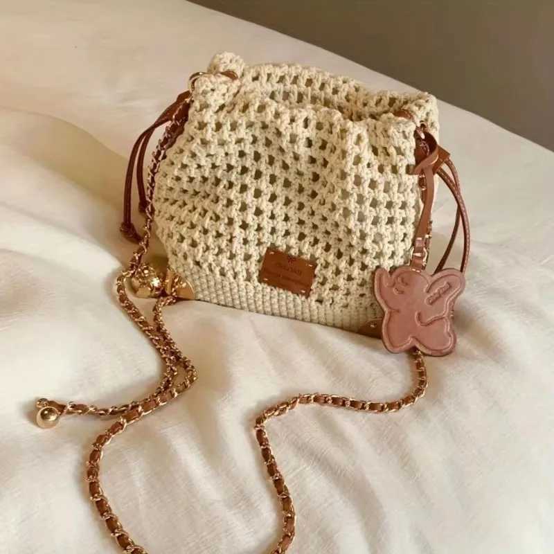 Women Chic Summer Beige Knit Crossbody Bag with Adjustable Strap Single Shoulder Purse Versatile Handbag with Polyester LiningXJ2520528