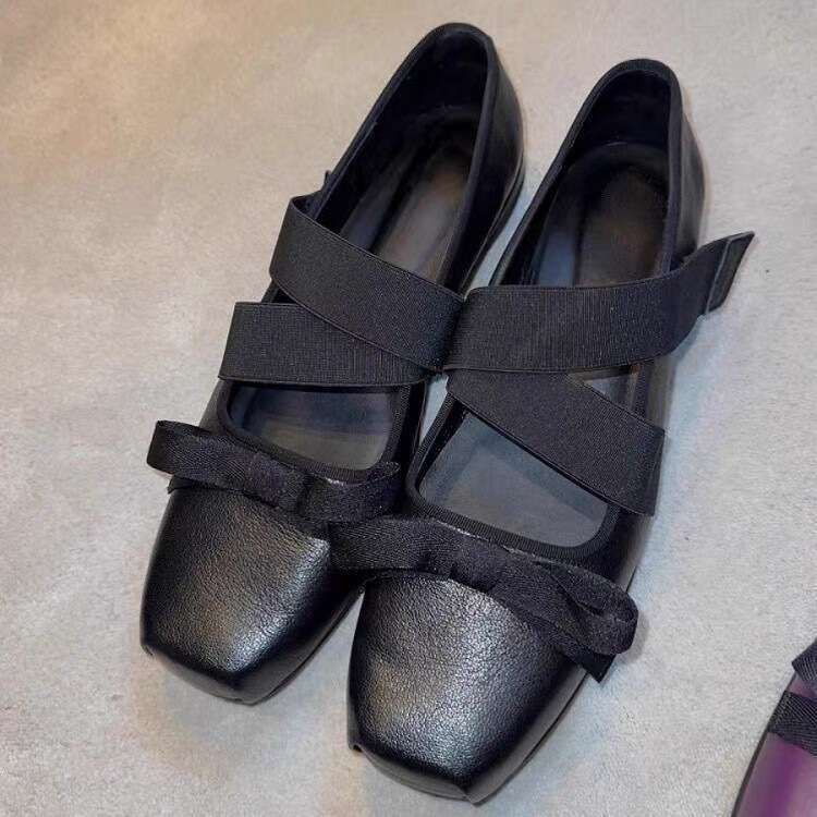 French Style Niche Cross Bow Square Toe Thick Sole Ballet 2024 Autumn Mary Jane Single Shoes for Women