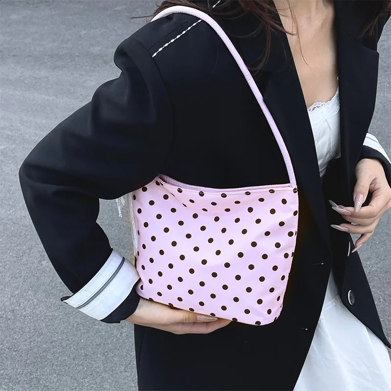 Pure Color Polka Dot Handbag Shoulder Bag Women Nylon Underarm Bags Retro Chic Bucket Trendy Korean Style Tote Handbag 250528