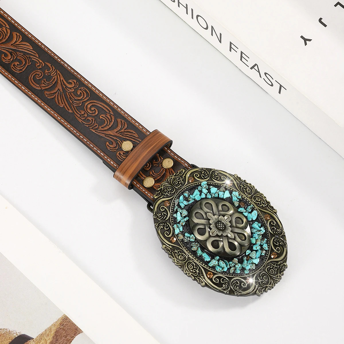 Vintage Turquoise Buckle Belt Classic Embossed Western Faux Leather Belt Vintage Denim Cowgirl Jeans Pants Belt for Women Daily 250521