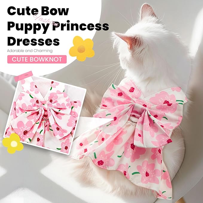 Cute Dog Harness Set, Girls Puppy Outfit Pink Floral Pet Summer Clothes Bowknot Doggy Cat Princess Dress for Holiday Birthday Party Costume Clothing M