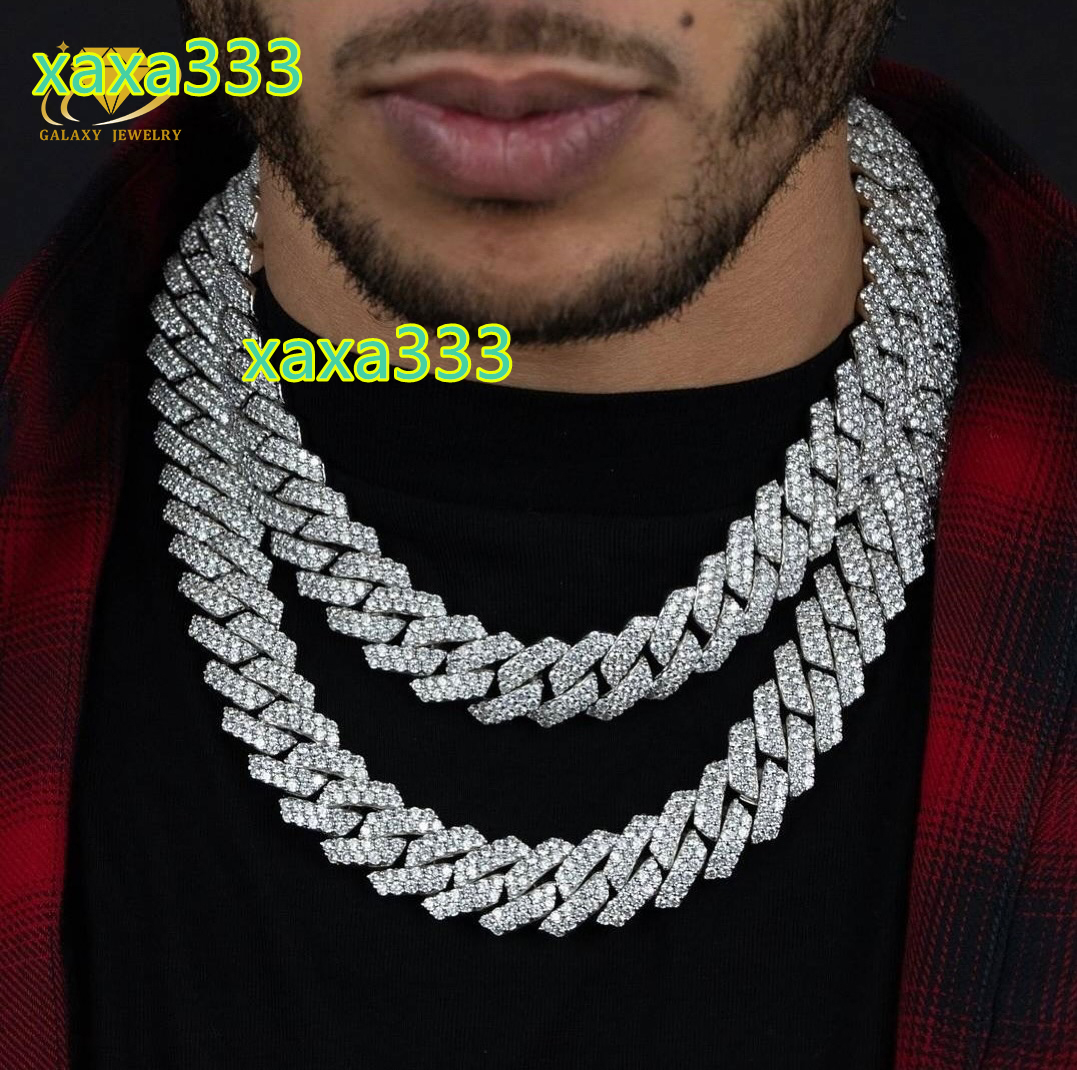 Hip Hop 2 Rows 20mm Cuban Link Chain 925 Solid Silver Gold Plated Iced Out Lab Moissanite Prong Cuban Necklace Bracelet