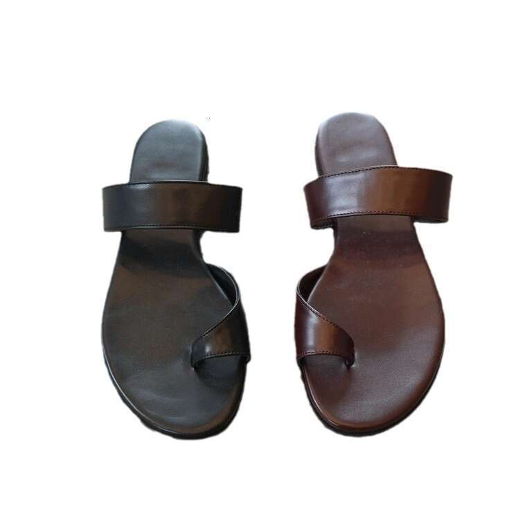 Genuine Leather Korean Style Simple Post for Women Outdoor Summer New Beach Flat Strap Toe Clip Sandals Half Slippers