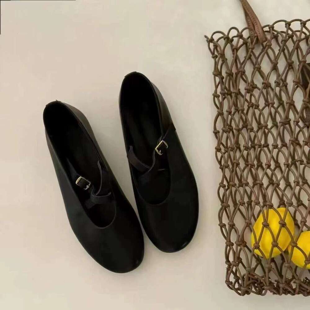 Genuine Leather Korean Style Cross Buckle Round Toe Shallow Mouth Mary Jane for Women 2025 New Spring Summer Versatile Flat Shoes