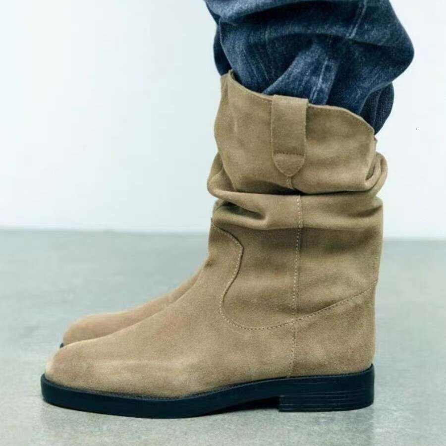 Melard Round Toe Western Cowboy Chunky Heel Thick Sole Mid-Calf Autumn Winter Fleece Lined Slouch Women Boots