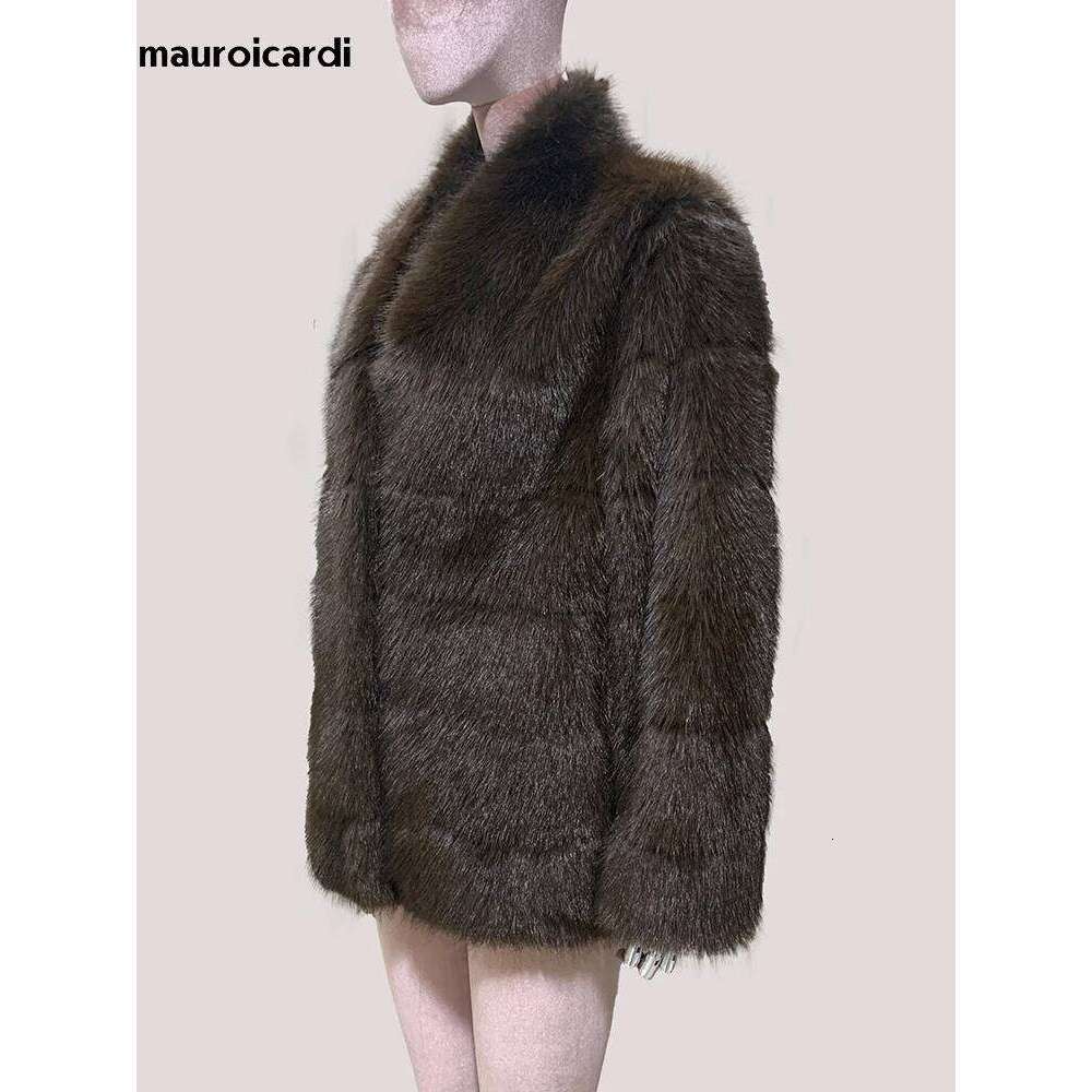 Mauroicardi Autumn Winter Thick Warm Soft Hairy Shaggy Striped Faux Sable Fur Coat Women with Deep V Neck Elegant Fluffy Jacket