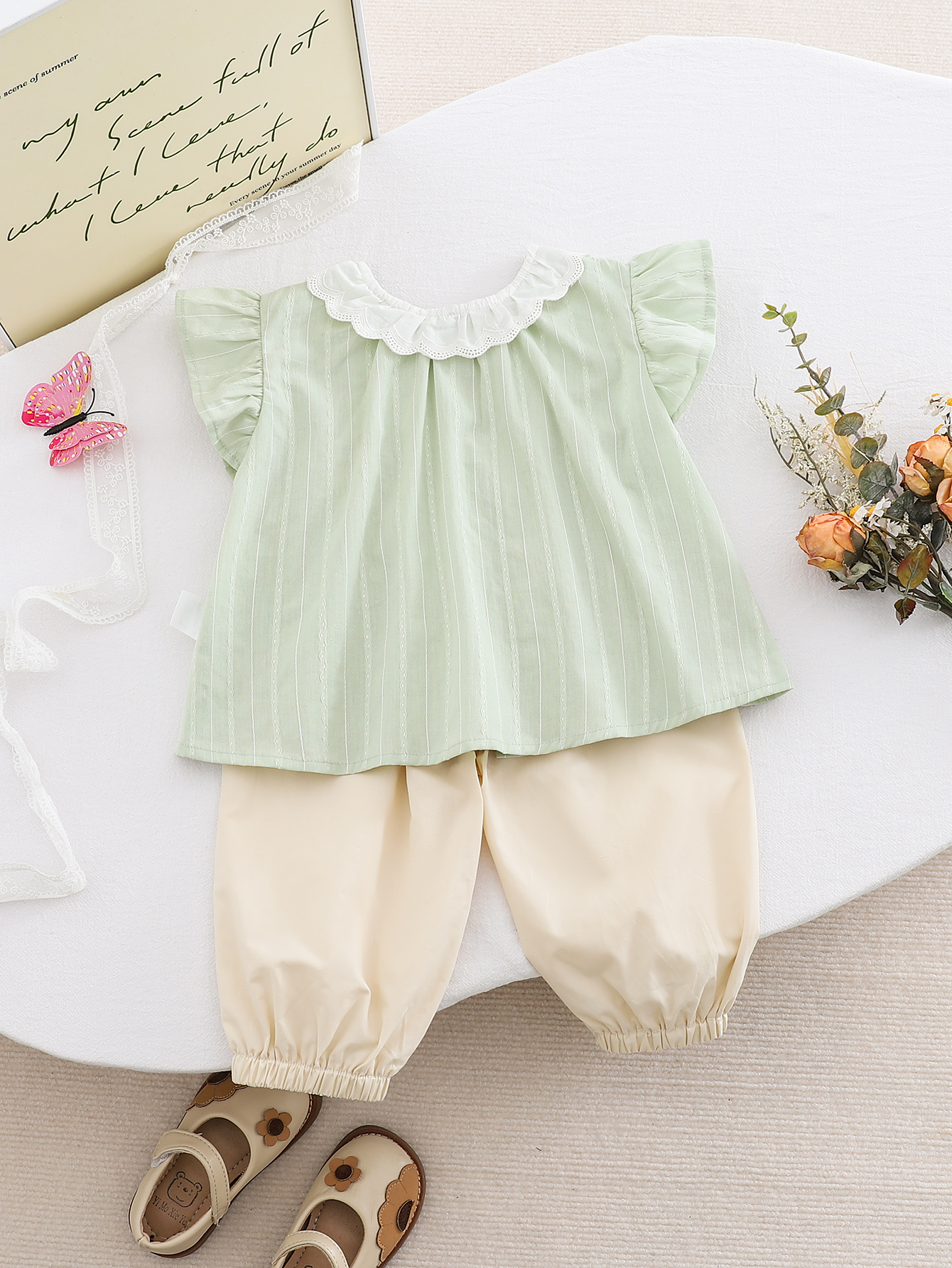 Sweet Lace-Paneled Flutter Sleeve Doll Collar Shirt and Pants Set