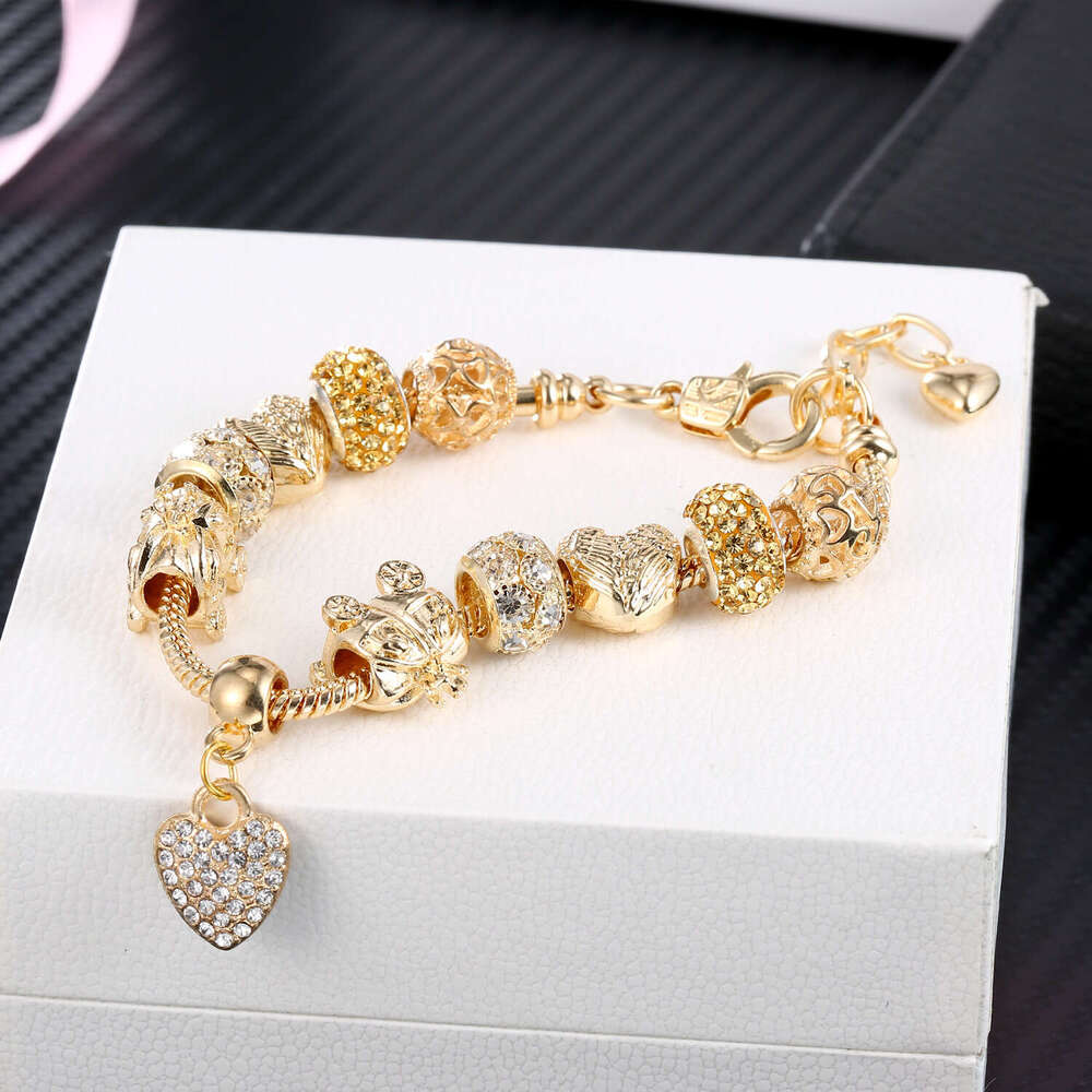Electroplated Color-Retaining KC Gold Full Dia Heart Pendant Alloy Large Hole Beaded Bracelet DIY Jewelry