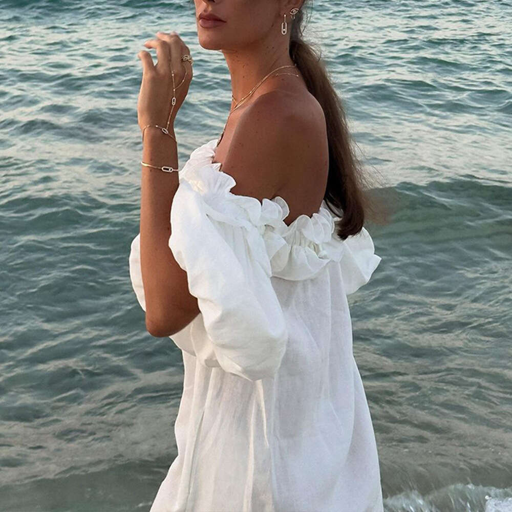 Spring/Summer Women's Off-Shoulder Sexy Puff Sleeve Solid Color Ruffle Vacation Beach Dress B5