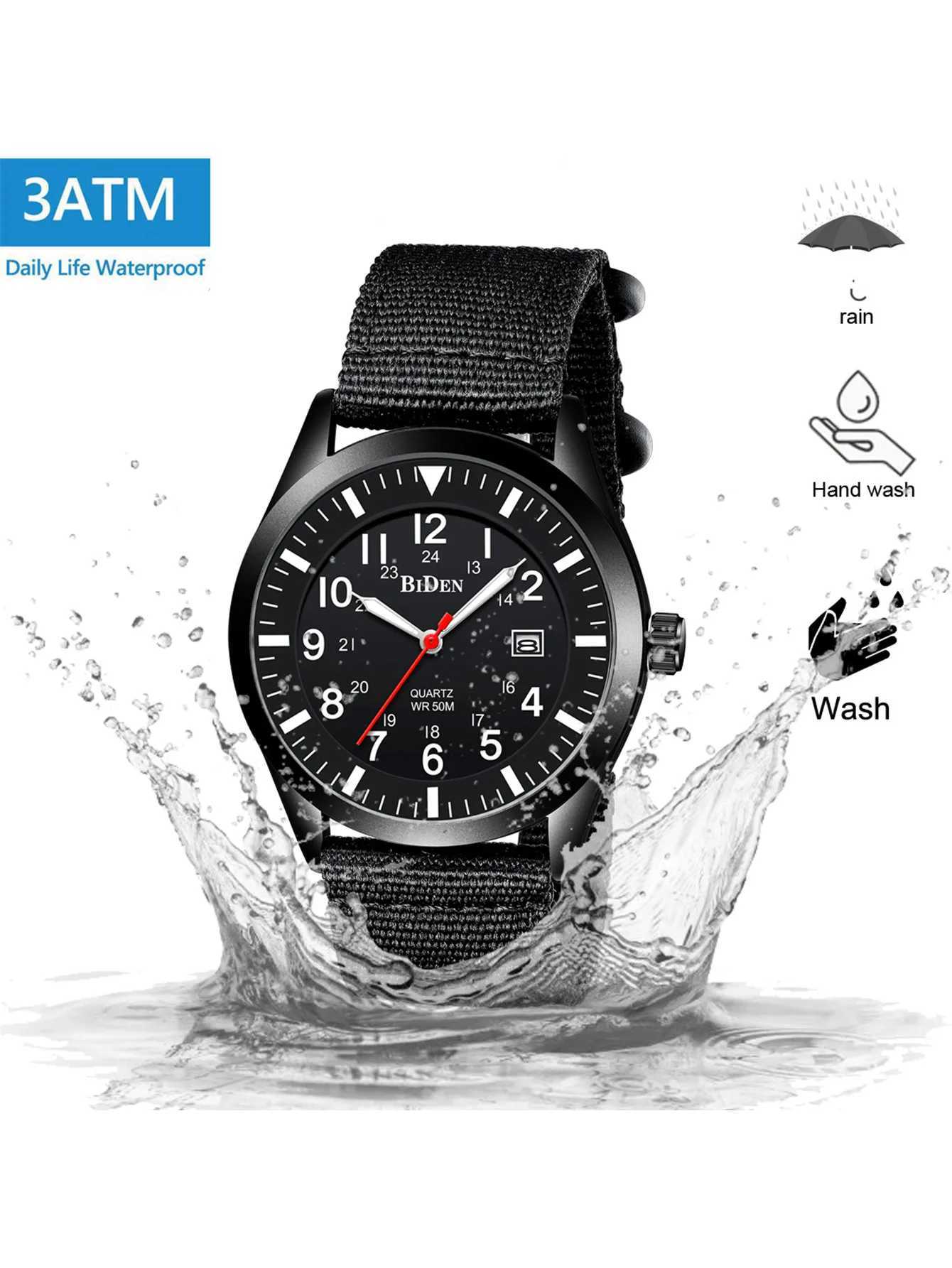 BIDEN Fashionable Mens Sports Quartz Watch Simple Nylon Strap Night Light Automatic Date Waterproof Mens Watch W250529