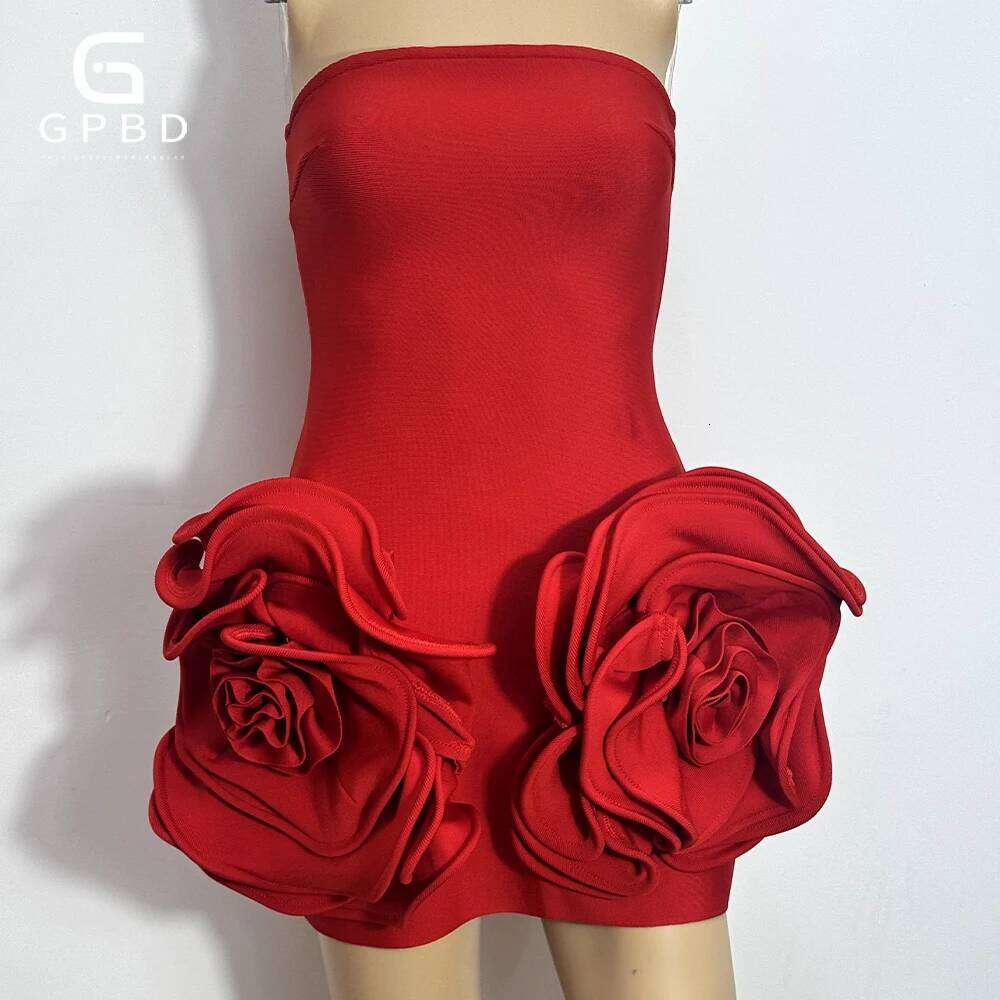 GPBD New Women's Sexy Strapless Handmade Three-Dimensional Big Flower Tight Mini Bandage Elegant Holiday Party Dress