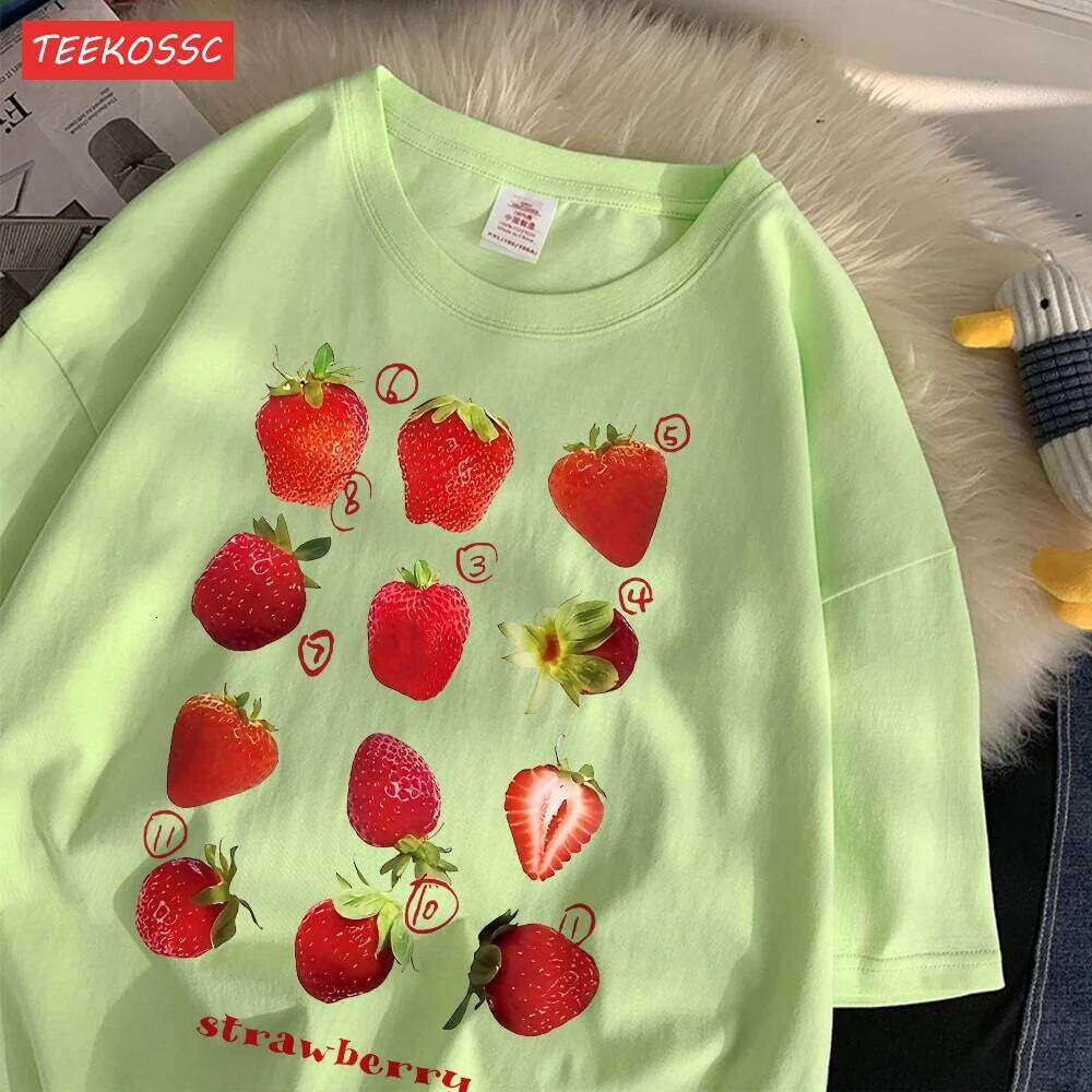 hoodie Women's Wear 100% Cotton Women T-Shirt Cute Fresh Strawberries Printed Tee Shirt Summer Comfortable Loose Tops Street Fashion Female Cloth