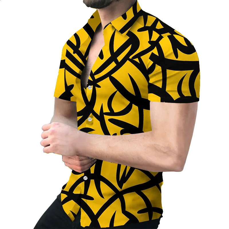 Hawaiian Men Summer Casual Floral Korean Social Retro Shirt Geometric Print Short Sleeve Button Top Loose Sale Big Plus Size 250526