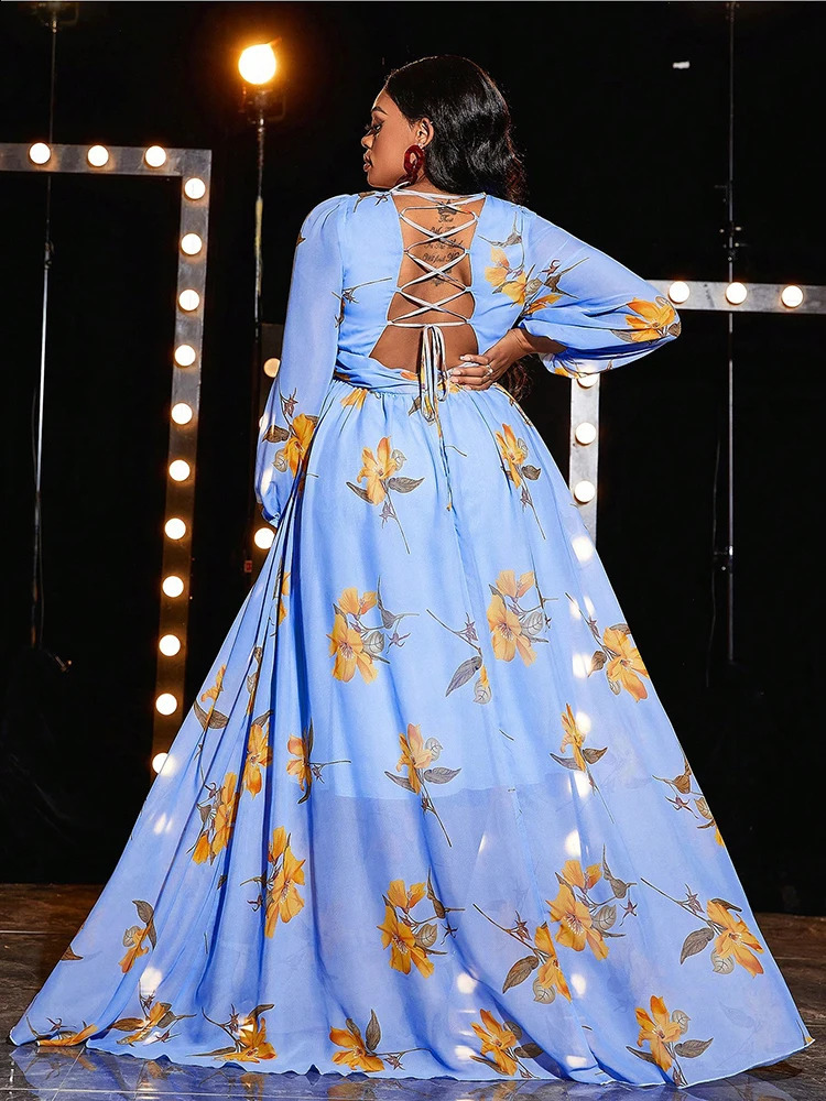 TOLEEN Women Plus Size Maxi Dresses Spring Sexy Backless Blue Evening Gown Lantern Sleeve Chiffon Ball Birthday Party Dress 250517