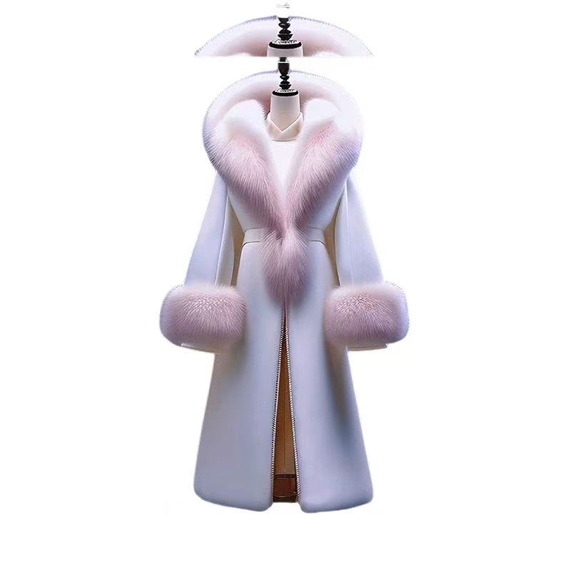 "European Style High-End Wealthy Socialite Hepburn-Inspired Pink Fur Collar Overcoat with Luxurious Appeal, Stunningly Beautiful White Wool Blend Coat, The One"