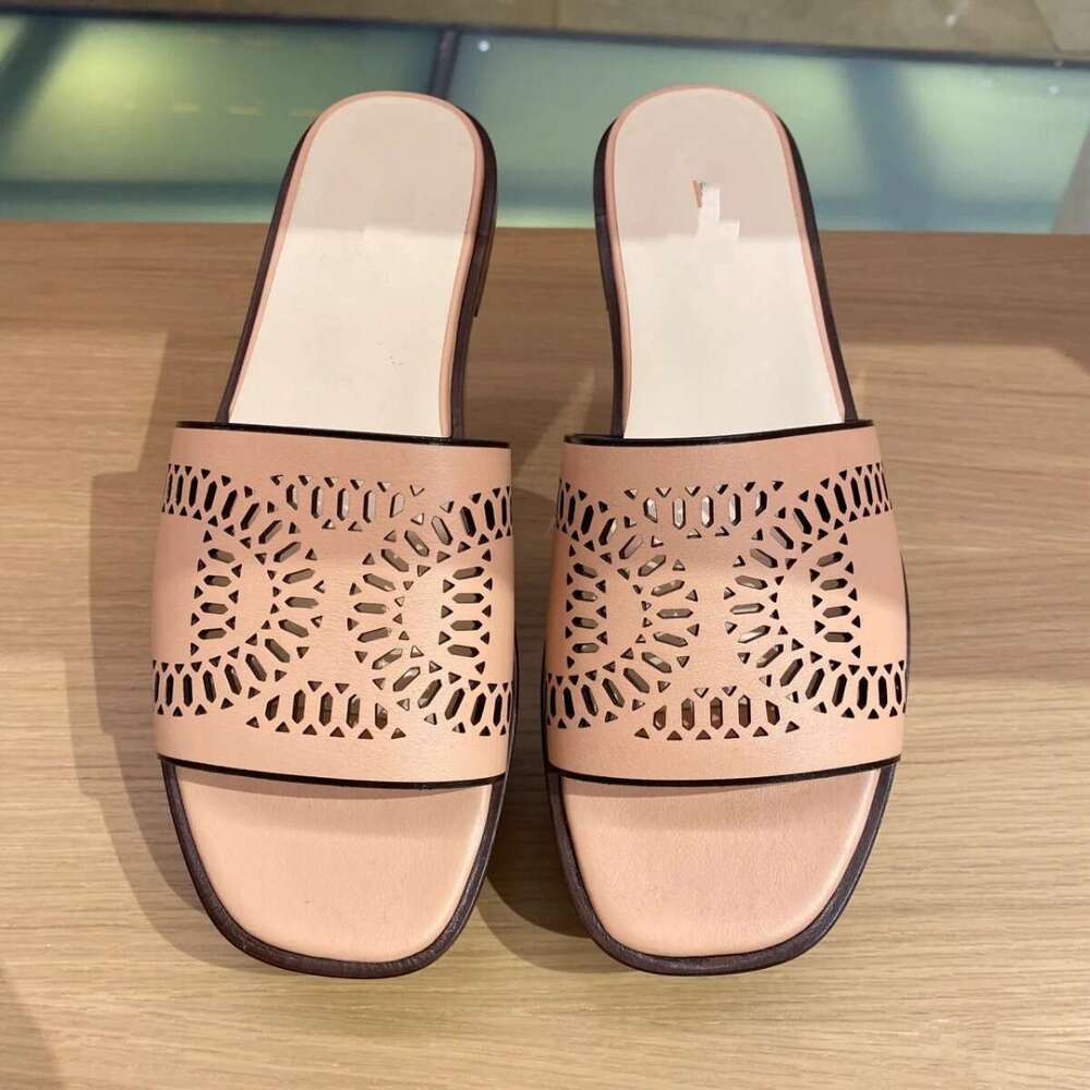 Genuine Leather Italian Laser Cut Hollow Carved Square Toe Flat Slippers for Women Outdoor Summer New Beach Sandals