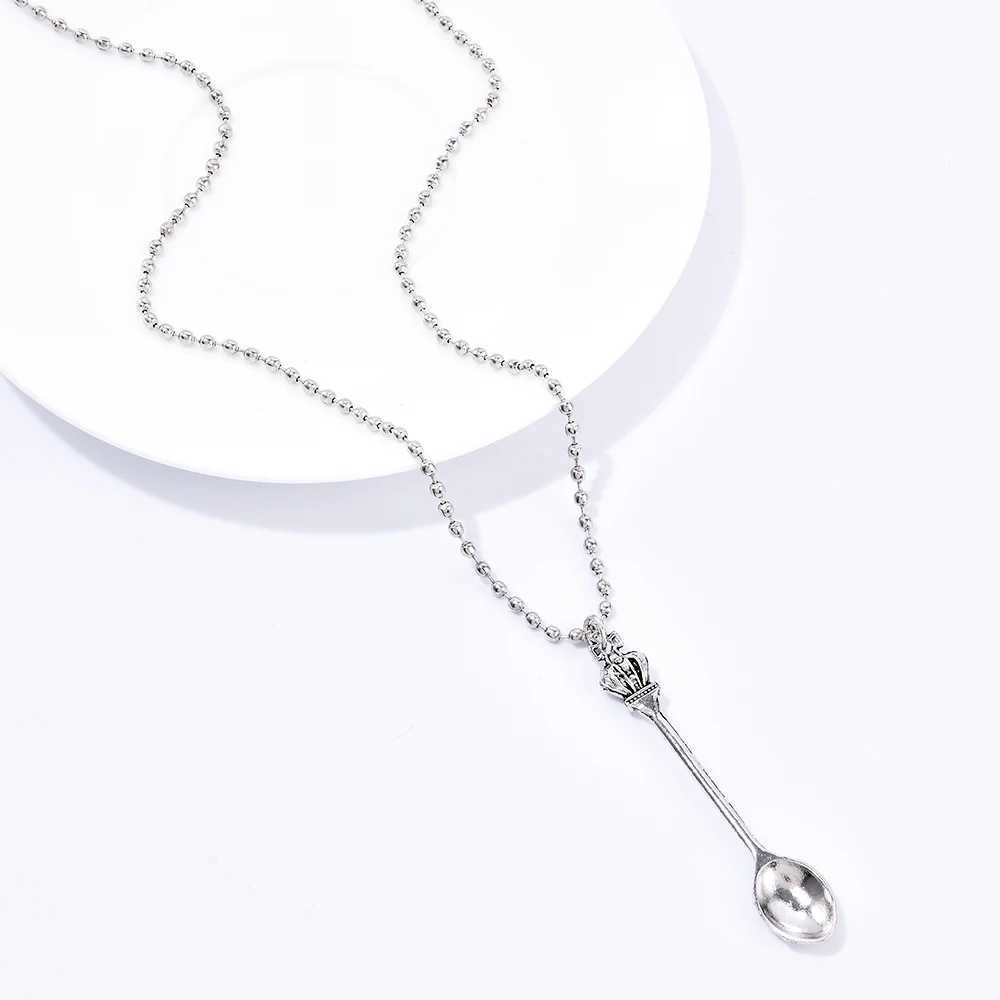 Fashion Women Men Crown Mini Tea Spoon Shape Pendant Long Chain Necklace Sweater Metal Chain Necklace Jewelry XJ250528