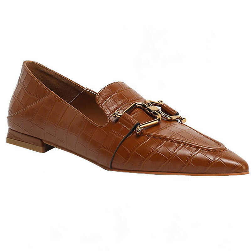 French Style Genuine Loafers Pointed Toe Metal Buckle Flat Small Slip-On Low Heel Mid-Open Soft Leather Single Shoes