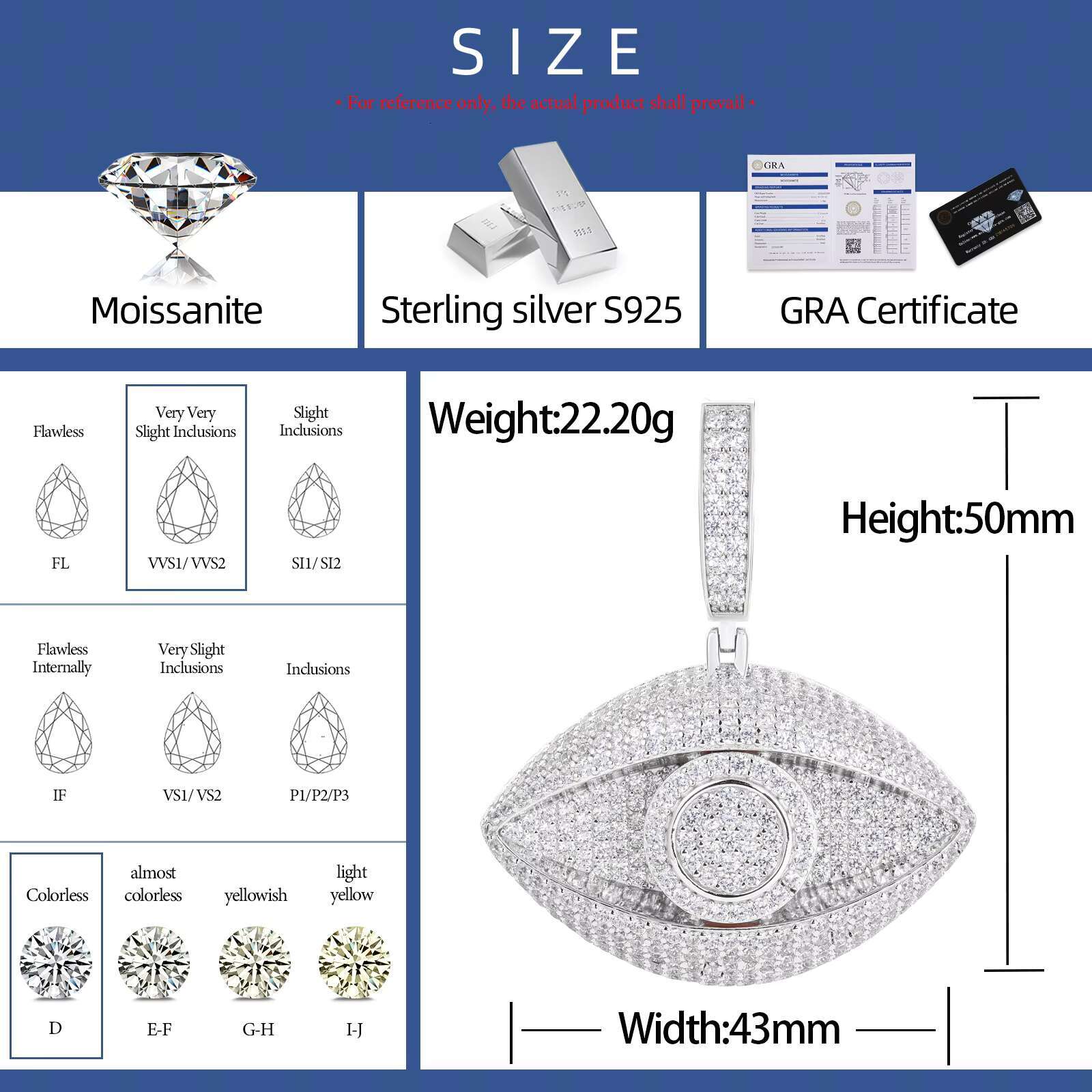 Fashionable Men Women Hip Hop Jewelry 925 Sterling Silver Micro VVS Moissanite Diamond Iced Out Evil Eye Pendant
