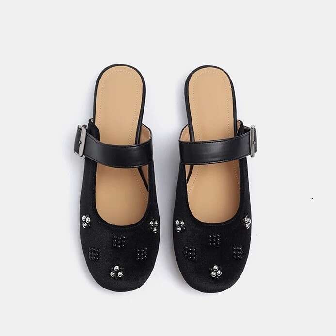 Genuine Leather Velvet Korean Style Round Toe for Women Outdoor 2025 Spring Summer Versatile Mary Jane Mules Sandals