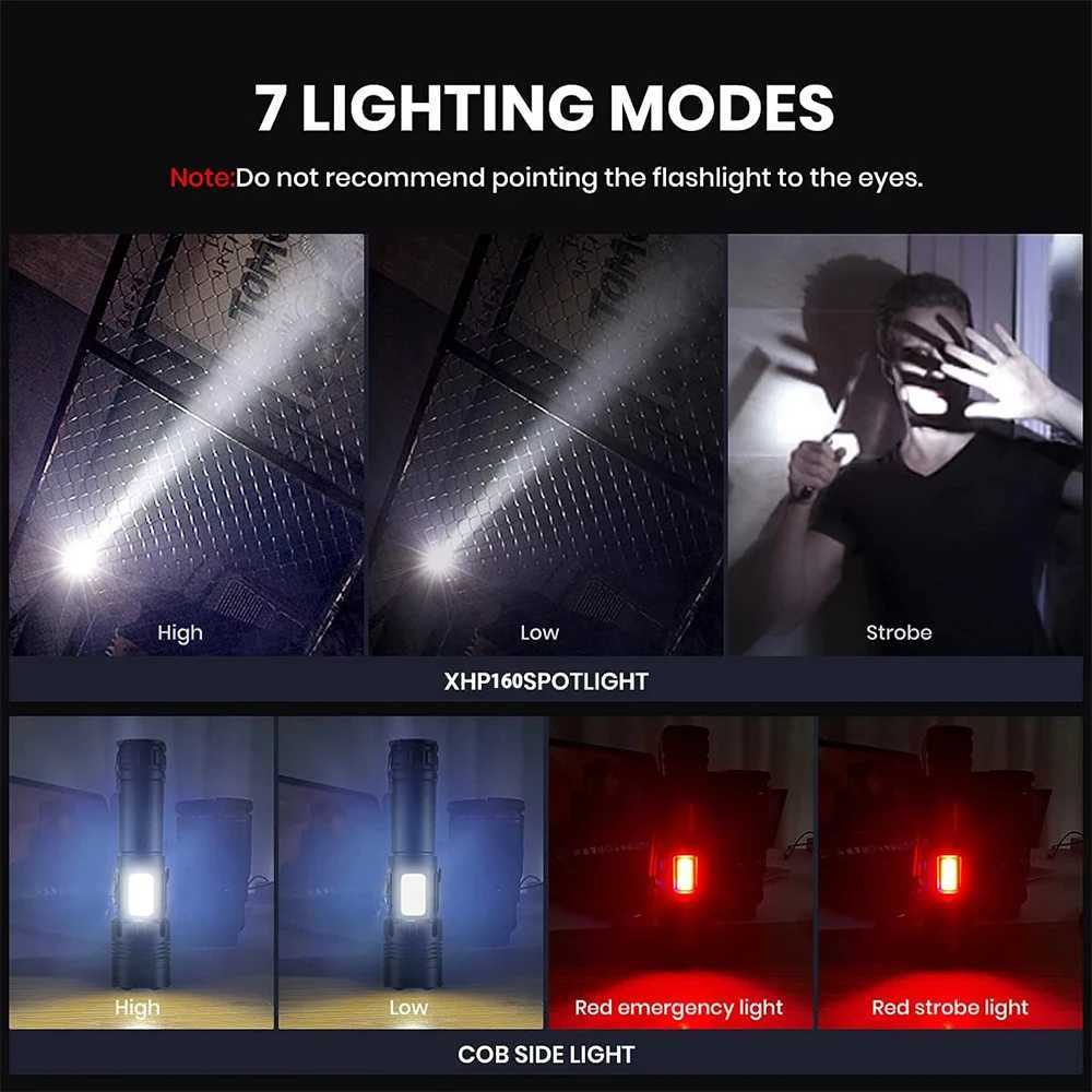 High Power XHP160 LED Flashlight With Side Work Light Lantern USB Rechargeable 16-Core Powerful Tactical Torch Lamp For CampingXJ250529