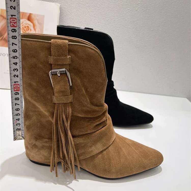 Genuine Leather Niche Suede Pointed Toe Tassel Slim Short Women 2024 Autumn Winter New V-Cut Fashion Martin Boots