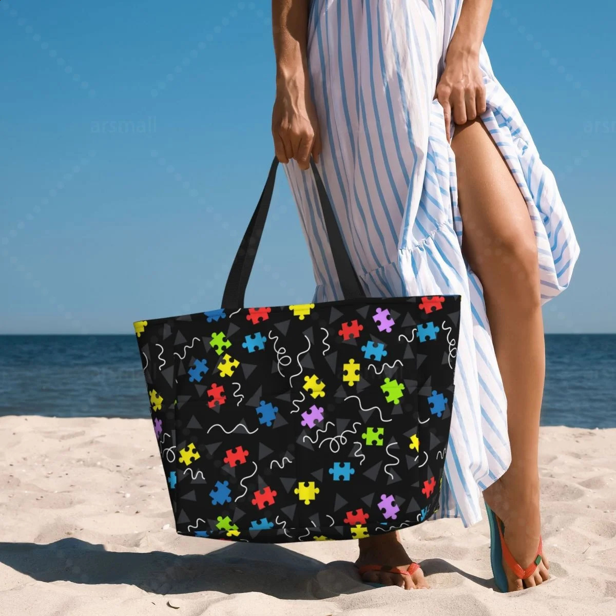 Puzzle Piece Travel Tote Bag Large Sandproof Beach with Zipper and Pockets for Womens Vacation Gym Travel 250528