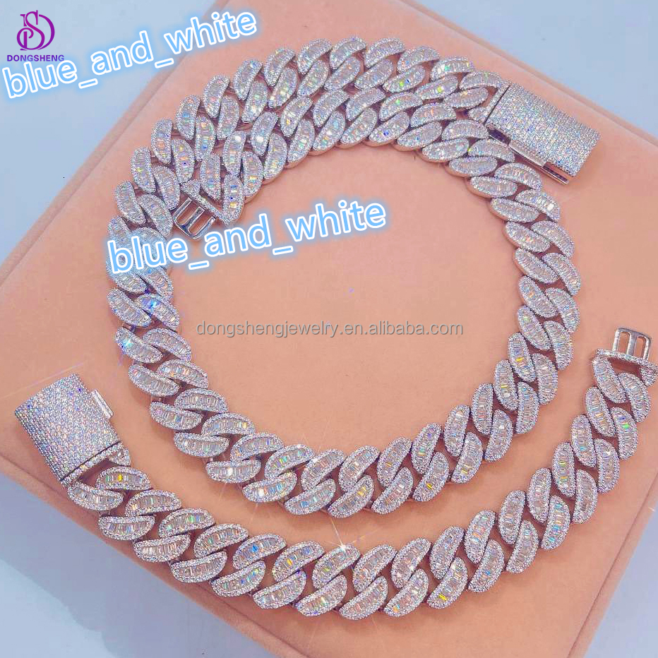 High Quality Hip Hop Jewelry 925 Silver 18mm 20mm Ice Out Vvs baguette Diamond Moissanite Cuban Link Chain for Mens