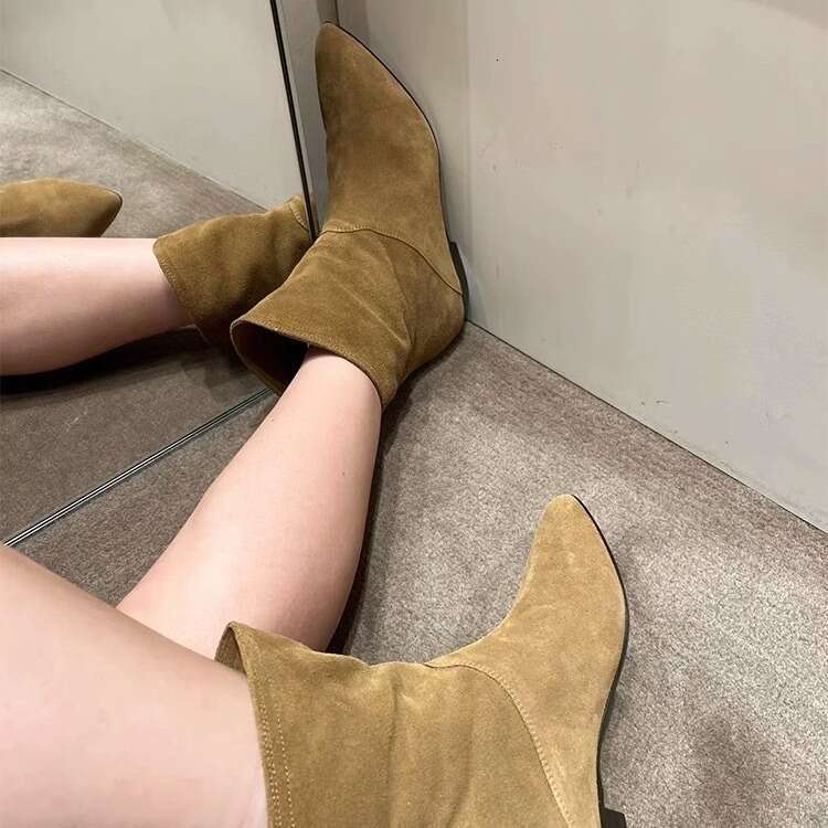 Genuine Leather Slanted Wide Tube Flat Pointed Toe Western Cowboy Small Ankle Slim Short Boots for Women Autumn Winter
