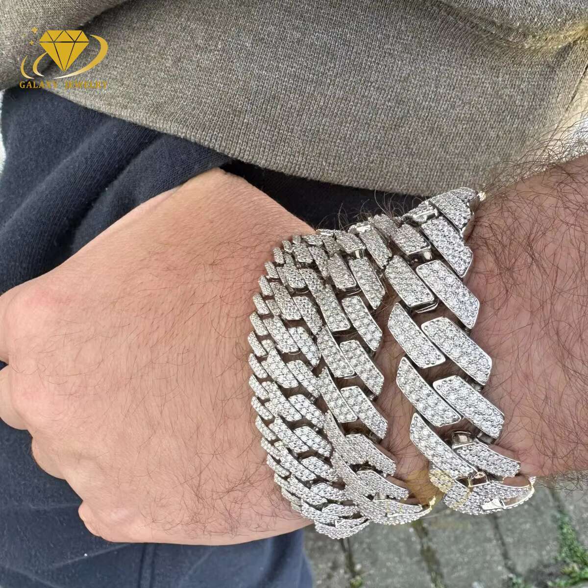 Hip Hop 2 Rows 20mm Cuban Link Chain 925 Solid Silver Gold Plated Iced Out Lab Moissanite Prong Cuban Necklace Bracelet