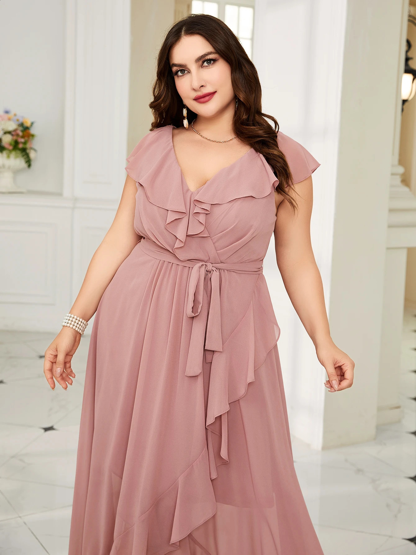 Unithorse Plus Size Women Summer Asymmetric Ruffle Lace Dress With Waist Belt Elegant Chiffon Formal Bridesmaid 250517