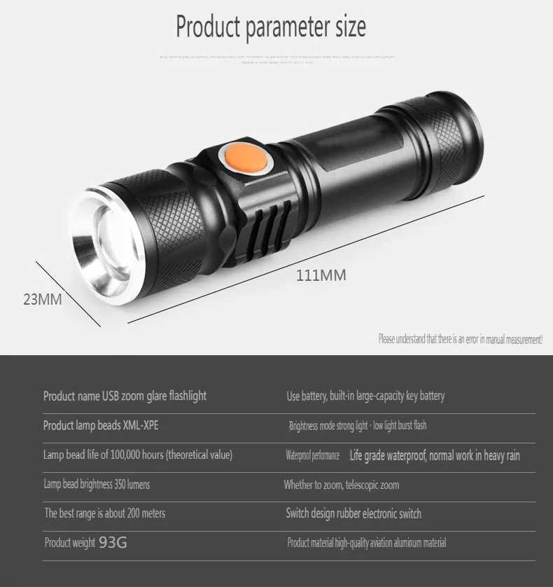 YS00057- Aluminum alloy LED flashlight outdoor portable night fishing strong light flashlight USB charging handheld flashlight XJ250529