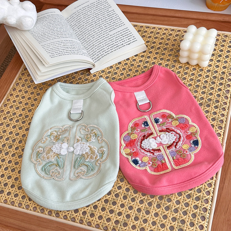 9Spring and summer new pet Chinese style dog cat clothes Teddy bear new Chinese style buckle embroidery drawable vest