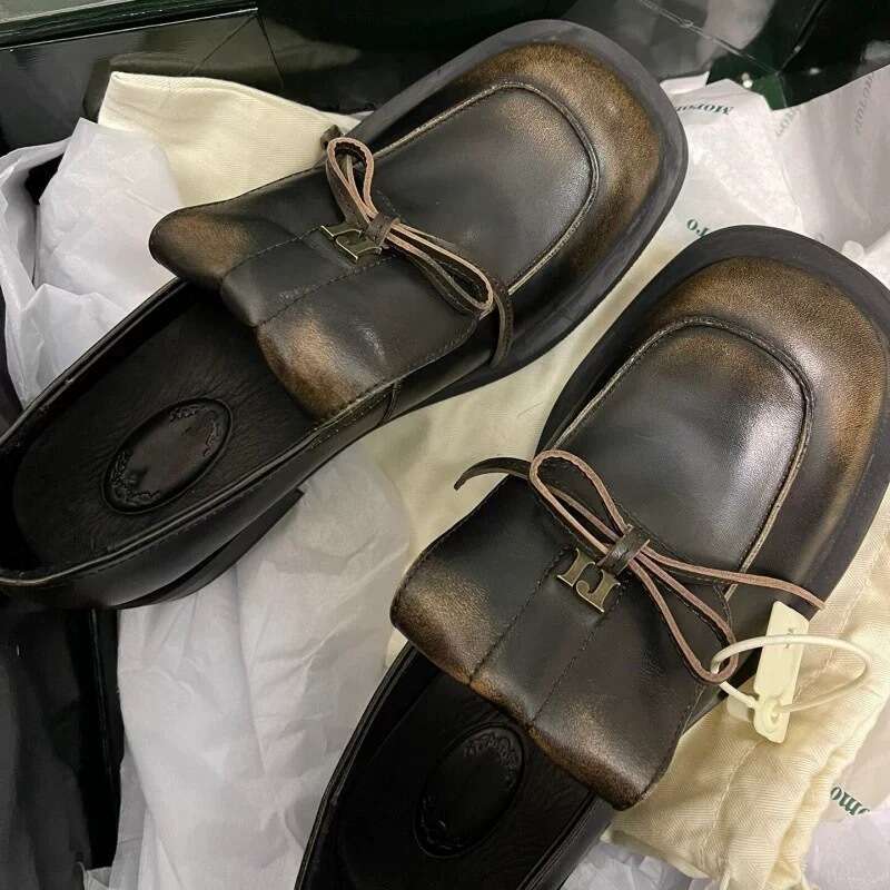 Genuine British Style Niche Square Toe Polished Color Bowknot Loafers for Women Spring Autumn Winter New Chunky Heel Small Leather Single Shoes