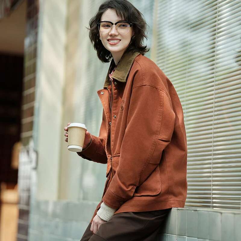 Semir Coat Women Medium Length Color-Blocking Corduroy Collar Retro New Autumn Embroidery Loose Fashion Jacket
