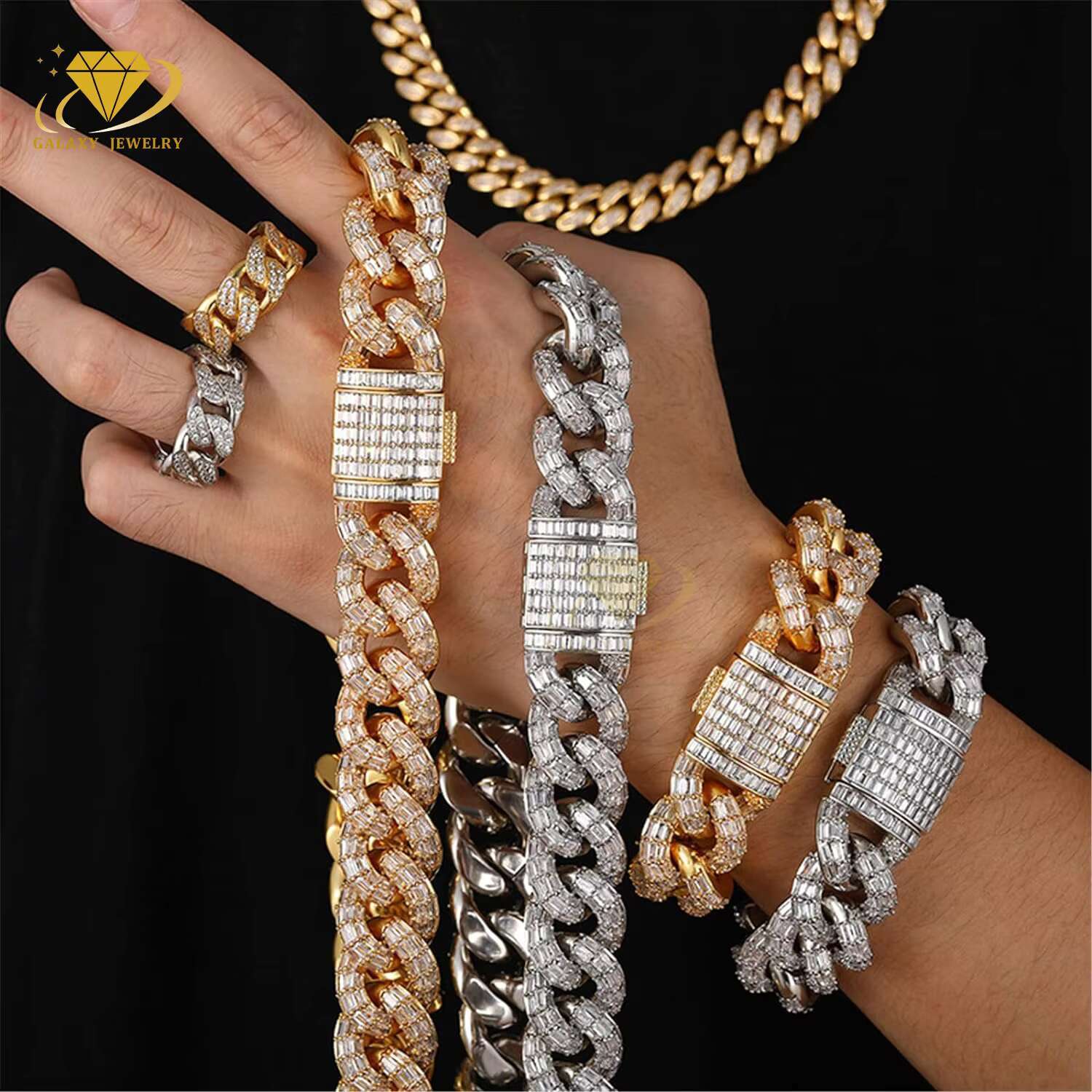 100% Pass Tester Vvs Moissanite Diamond 12mm 15mm Wide Baguette Cut Silver Cuban Link Chain for Rapper Hiphop Necklace