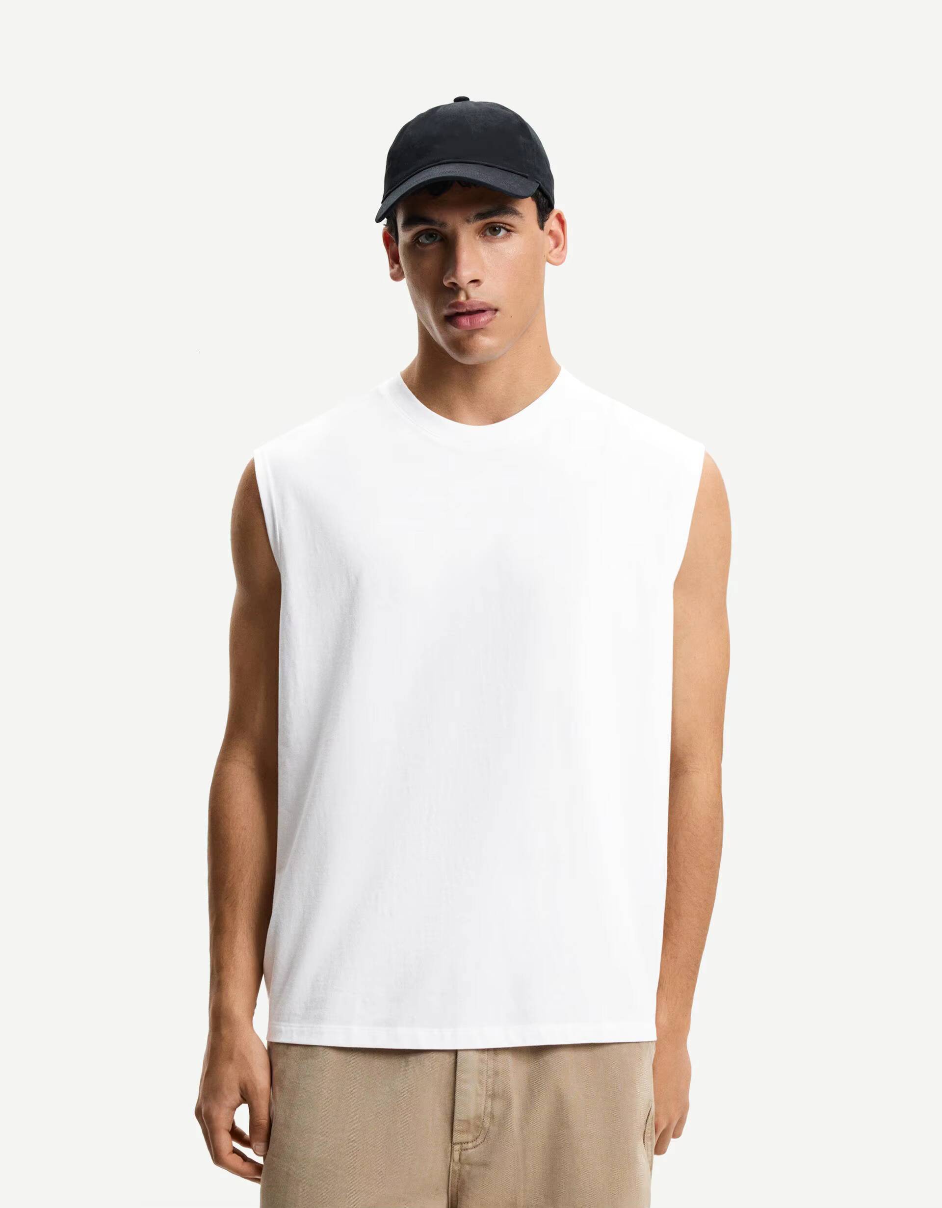 Summer Logo Gym Cut Sports Heavyweight Sleeveless T-Shirt Men's 100% Cotton Solid Black Vest