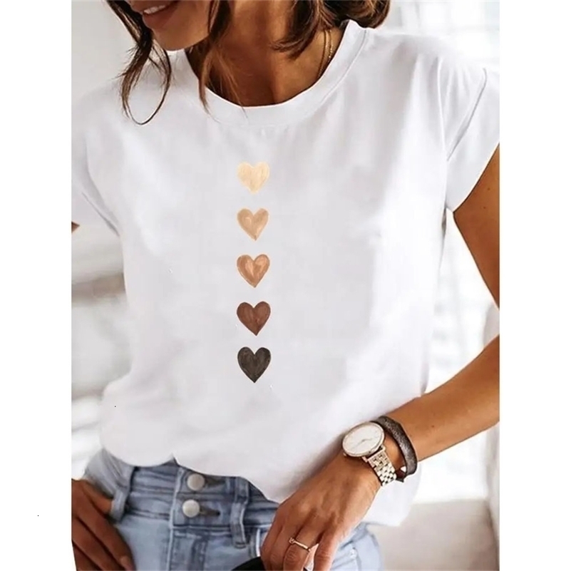 Love Heart Print Women Summer T Shirt Girl O Neck Funny Y2K Tops Tee Female 90s Casual Clothing 250517CJ