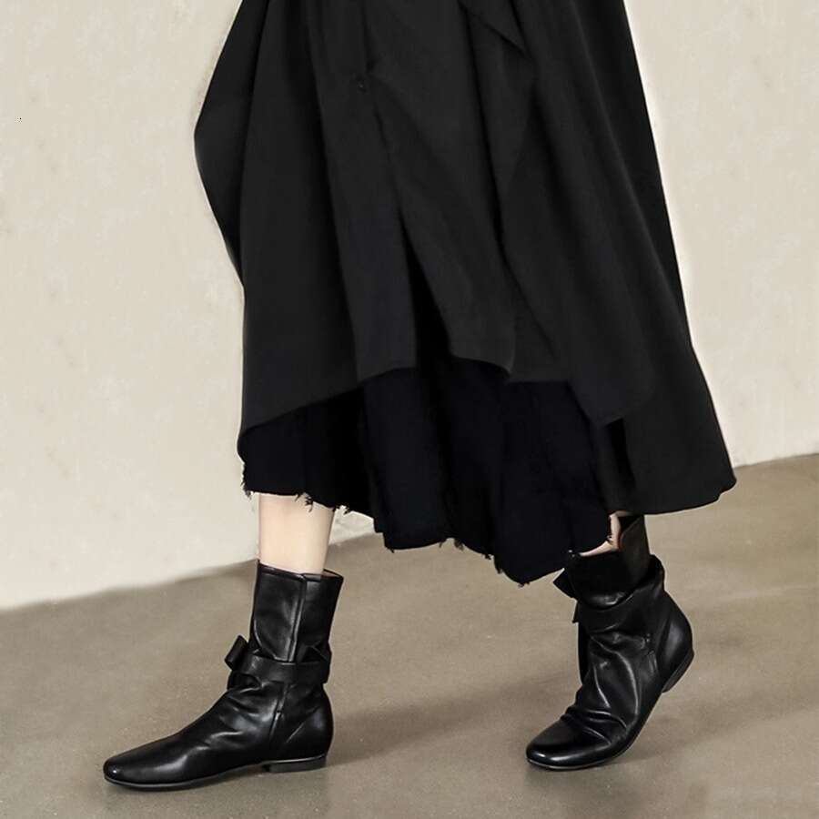 Genuine Leather Niche Dyed British Style Martin for Women, Autumn Winter Chelsea Ankle with Bowknot, Flat Pleated Slouch Boots