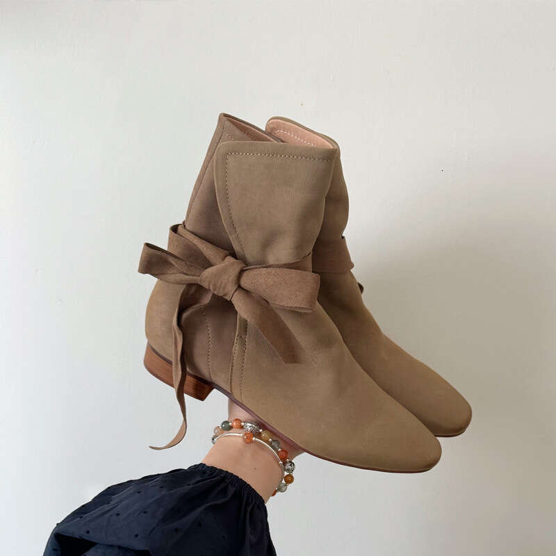 Korean Style Niche Genuine Leather Square Toe Bowknot Lace-up Slim Short Women Autumn Winter Chelsea Martin Boots