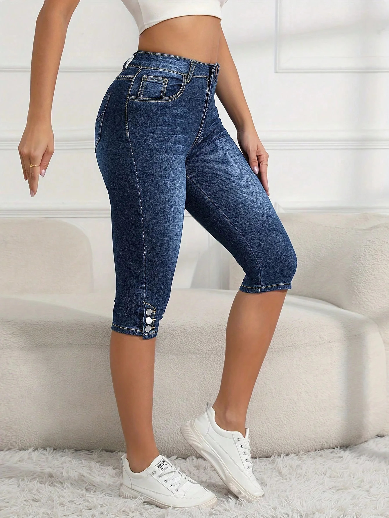 Women SlimFit Denim Jeans Button Pockets Zipper Casual Style Pants Fashionable Deep Blue CalfLength 250516Z