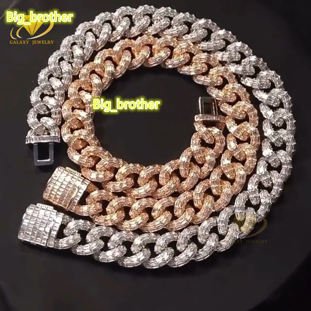 100% Pass Tester Vvs Moissanite Diamond 12mm 15mm Wide Baguette Cut Silver Cuban Link Chain for Rapper Hiphop Necklace