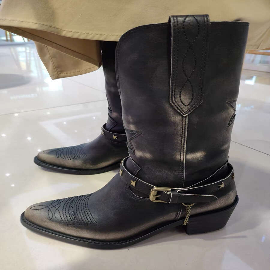 Genuine Leather Distressed Western Cowboy for Women, Chunky Heel, Pointed Toe, V-Cut, Pull-On, Belt, Mid-Calf, Martin Boots, Short Boots