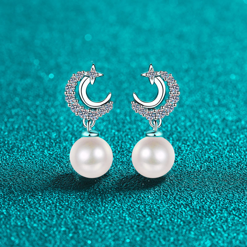 Moissanite S925 Silver Pearl Stud Earrings for Women, Fresh and Cute Star Moon Design, Sweet Fashionable Earrings with Elegant Charm