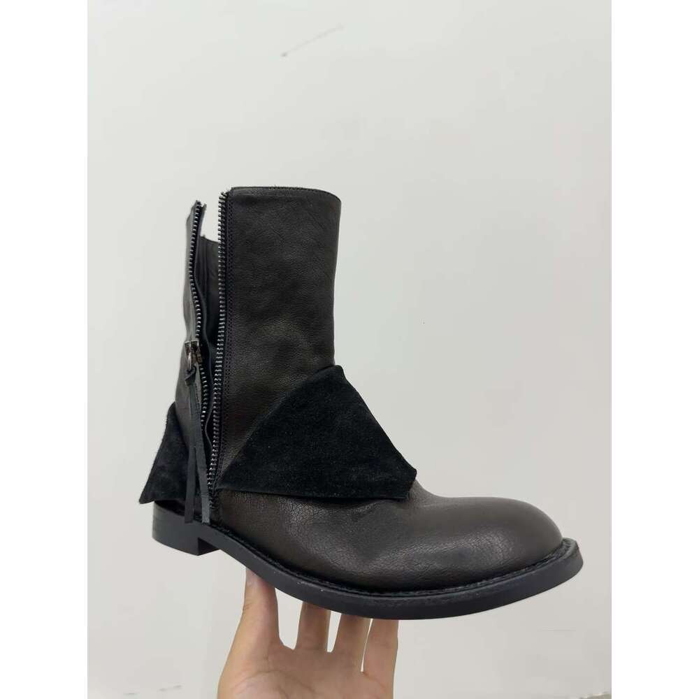 Genuine Leather Niche Design Upper Patchwork Chunky Round Toe Side Zipper Thick Heel Martin Women 2024 Autumn Winter Short Boots